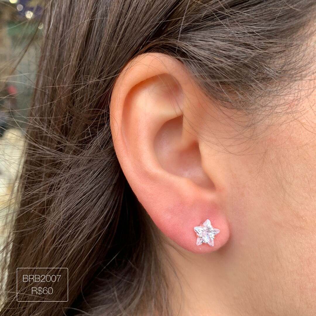 Brinco Ponto de Luz Estrela G 10mm Cristal Prateado